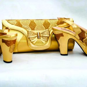 Stoned Gold Leather Bag & Shoe